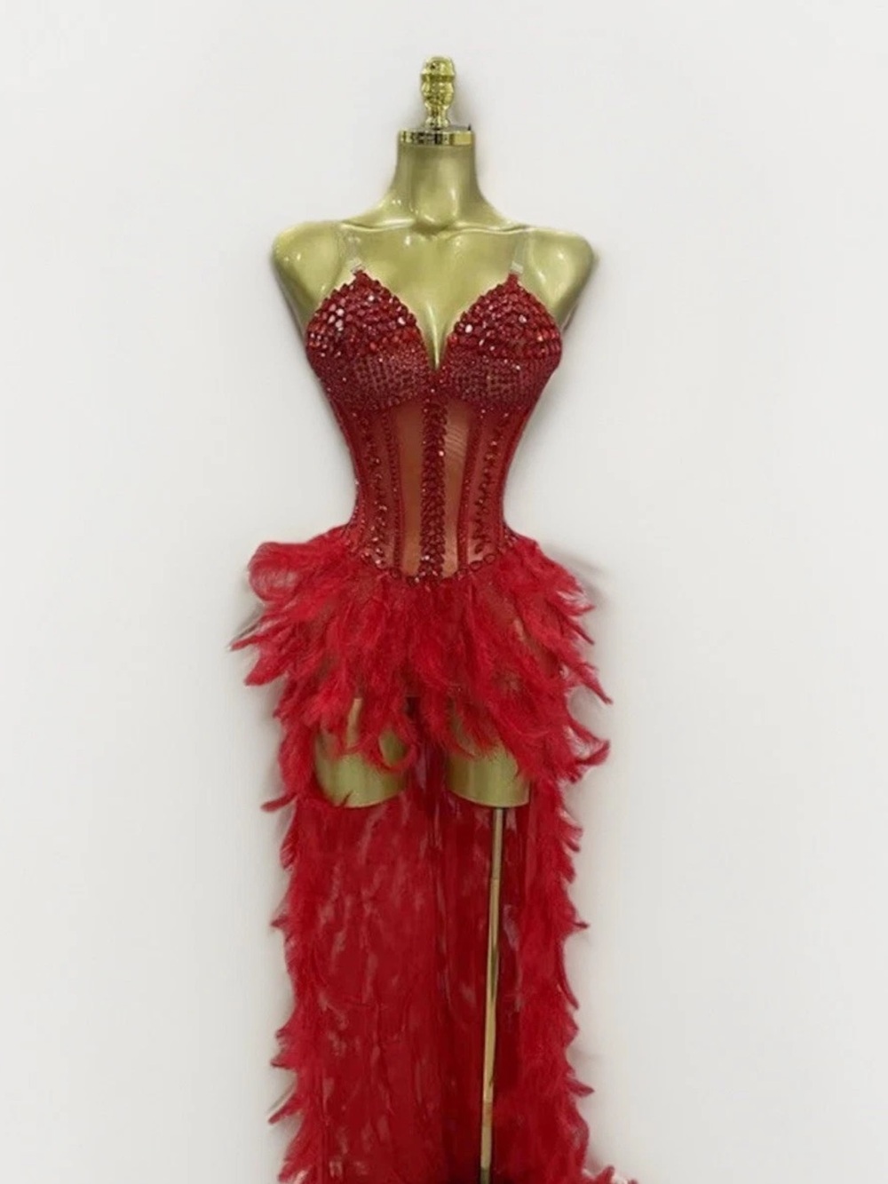 Generic Red Rhinestone Feather Showgirl Dress Costume with Long Train